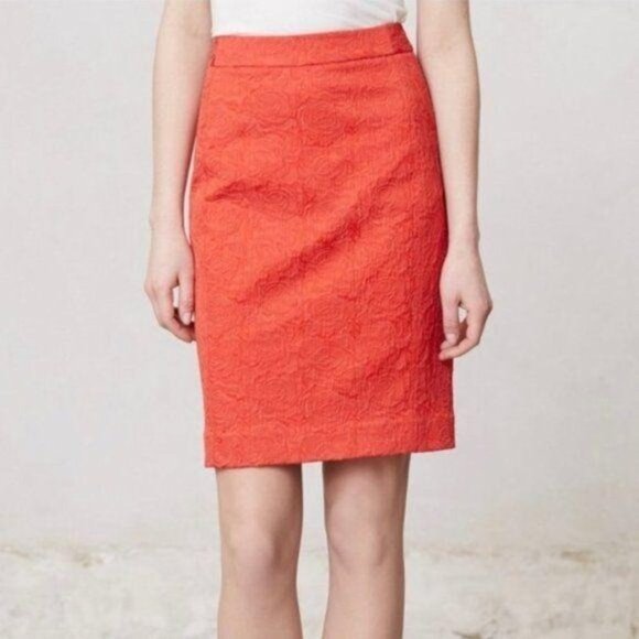 Anthropologie Vanessa Virginia Rose Brocade‎ Red Orange Straight Pencil Skirt 4 - Picture 1 of 10